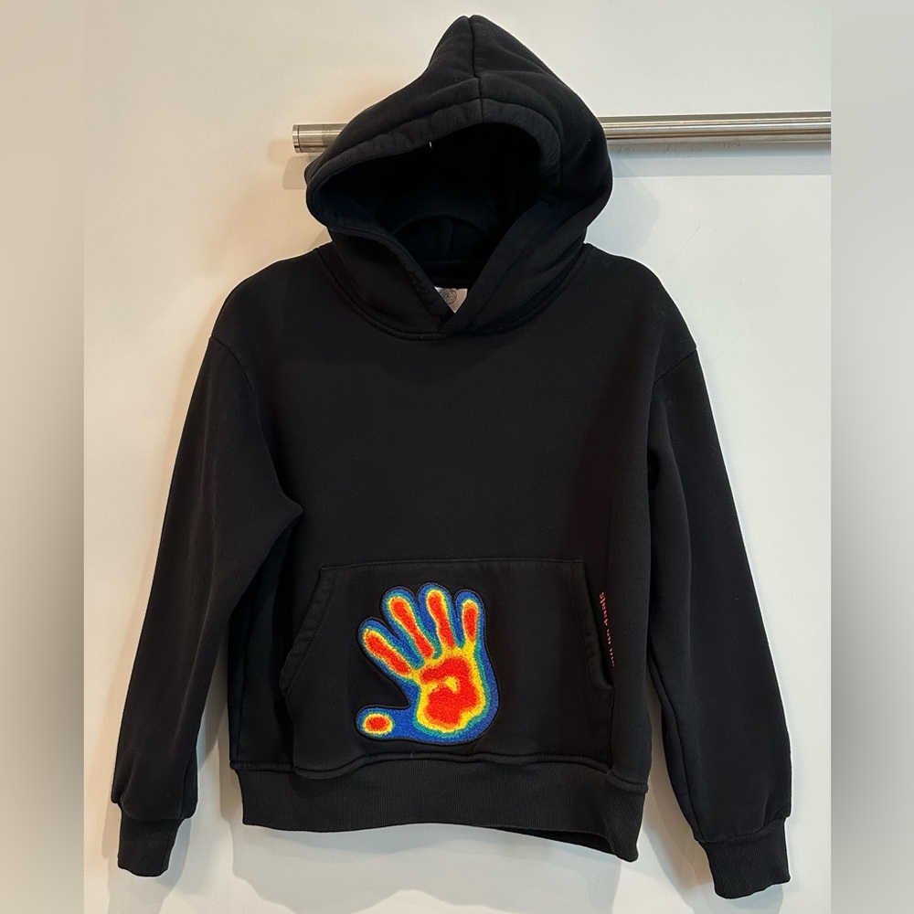 Emrzzz Unisex Black Fleece Hoodie w/Colorful Chenille Handprints, Size XS
